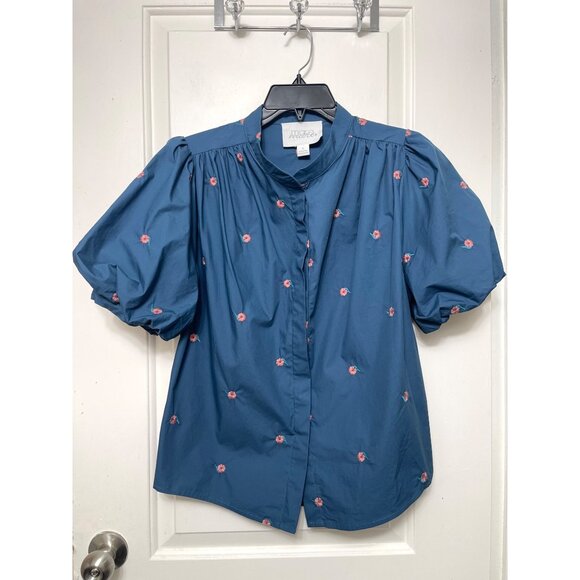 Mare Mare by Antropologie Puff-Sleeve Embroidered Blouse in Blue Size S - Picture 4 of 12
